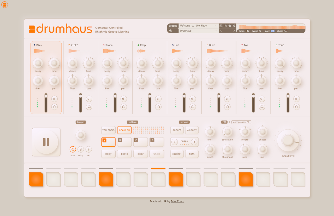 Drumhaus online drum machine interface with step sequencer, mixer controls, and waveform visualizers